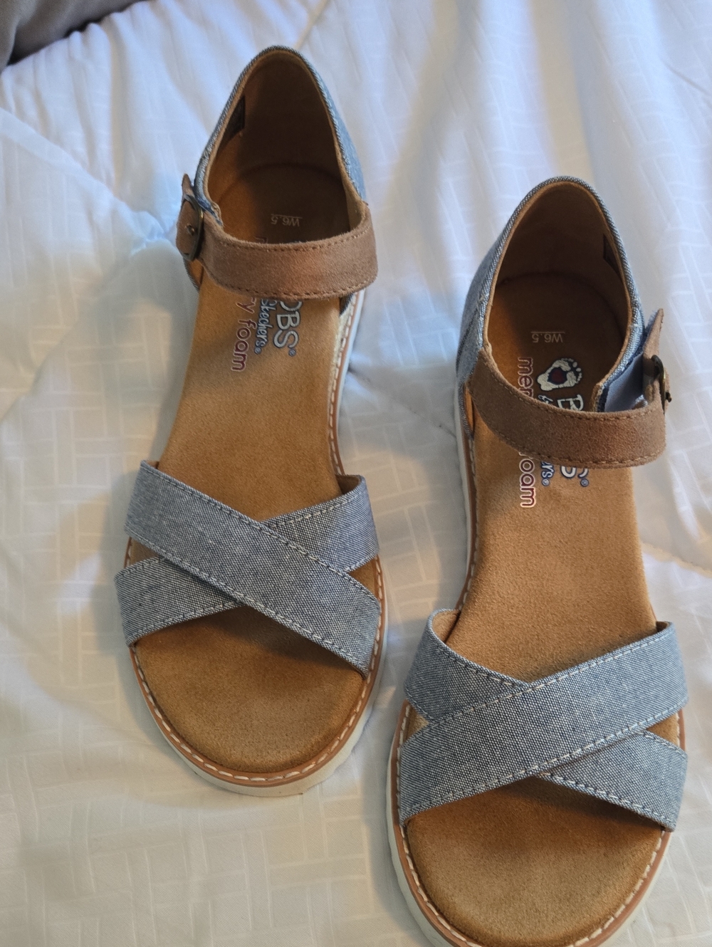 Womens Bobs By Skechers Sandals - Denim BlueCross-Strap with Tan Accent